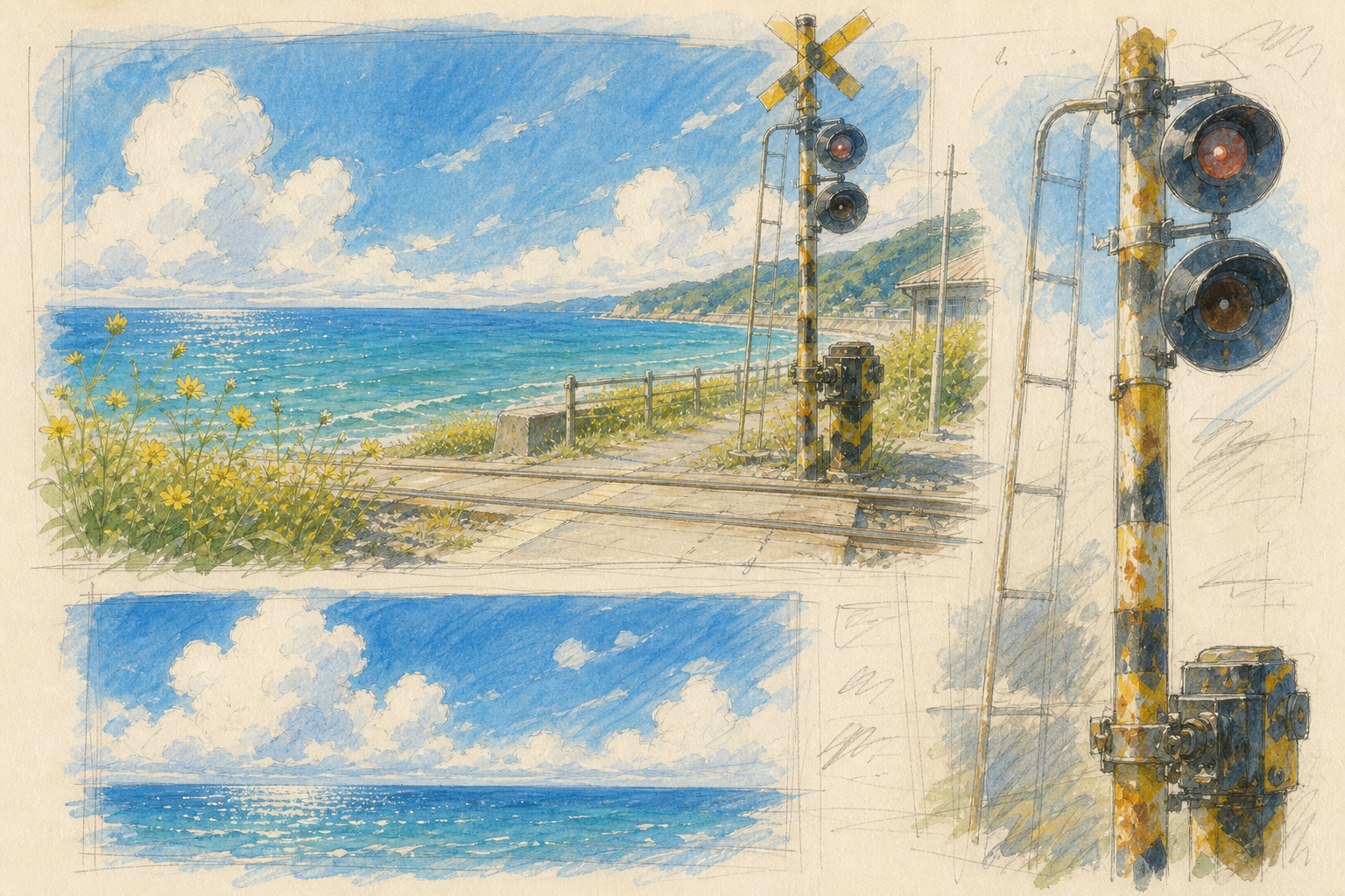 海辺の踏切の背景美術設定。空、海、踏切の素材研究