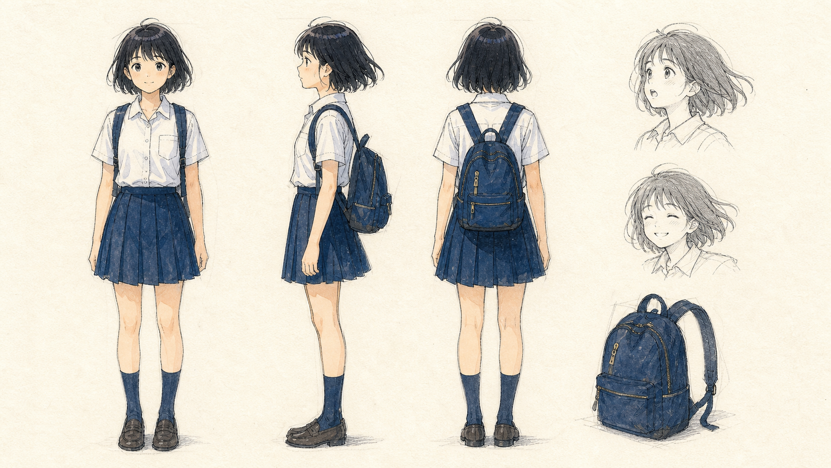 主人公のキャラクター設定。正面・側面・背面と表情、リュックの手描き資料