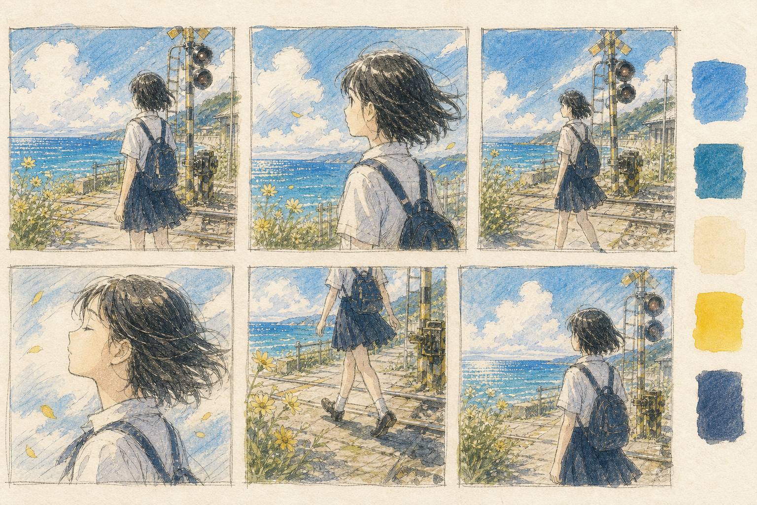 風と海辺の動きを検討する手描き絵コンテと色彩設計