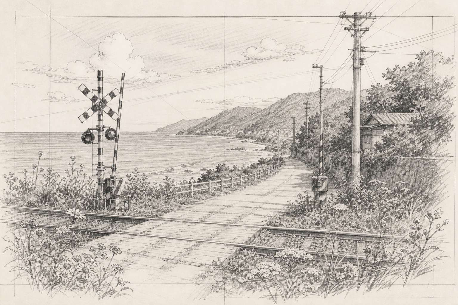 海辺の踏切の手描き背景設定